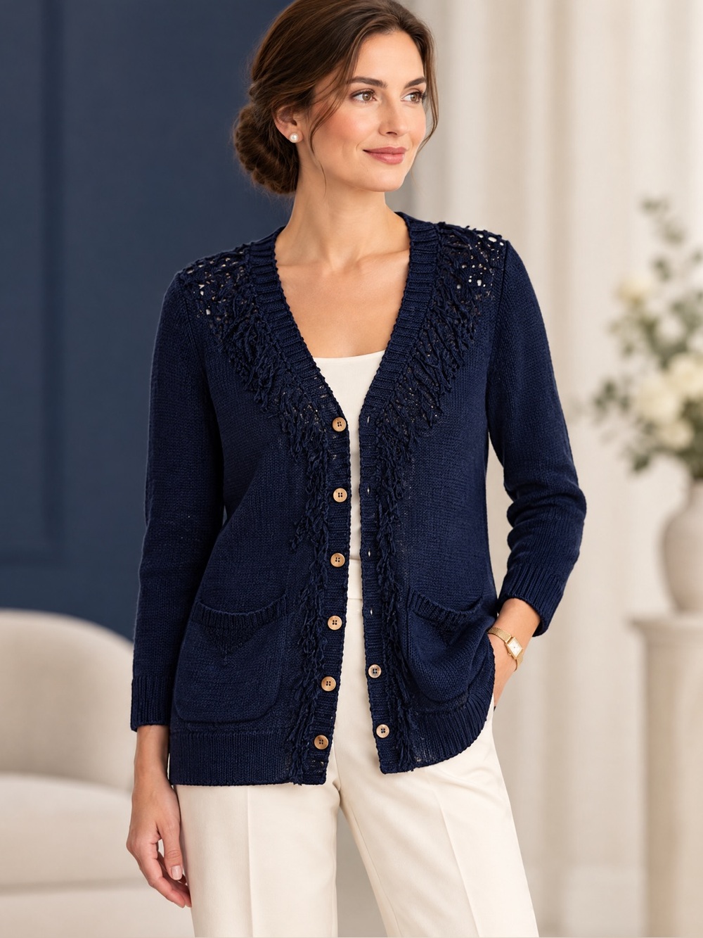 CHASER Women’s Navy Blue Mixed Knit Button Down Cardigan Size Medium NWT